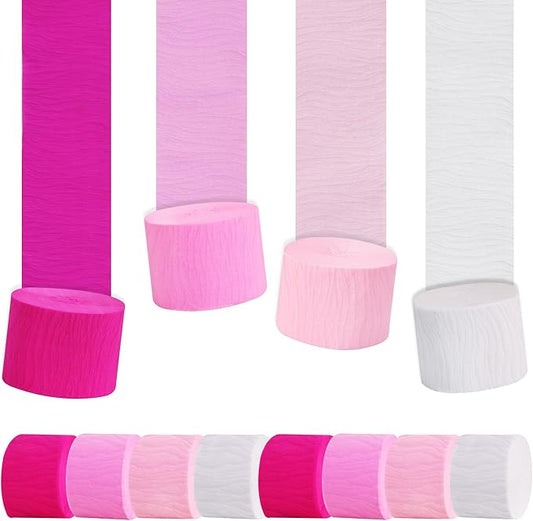 BEISHIDA 8 Rolls Hot Pink White Crepe Paper Streamers for Valentines Wedding Engagement Romantic Cat Theme Party Decorations Mother's Day Birthday Baby Shower DIY Craft Paper (1.8 Inch x 82 Ft/Roll)