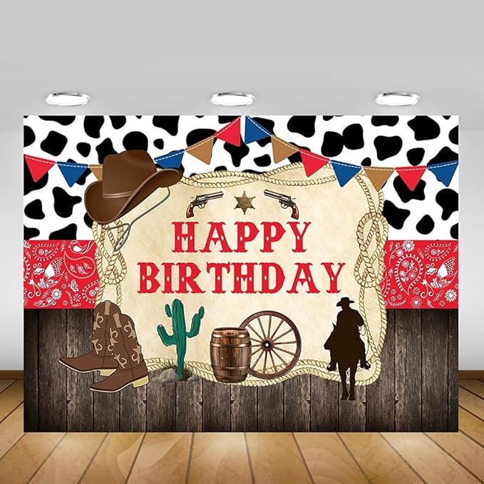Mocsicka Western Cowboy Happy Birthday Backdrop Rustic Old West Rodeo Cowboy Background Red Bandana and Rustic Wood Kids Birthday Party Decoration Banner (6x4ft (72x48 inch))