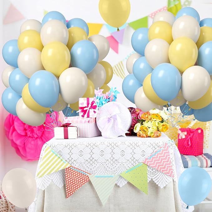 Pastel Blue Yellow Balloons, 50PCS 12Inches White Sand Macaron Yellow Balloons Baby Blue Latex Party Balloon for Baby ShowerTheme Birthday Gender Reveal Bridal Wedding Decoration