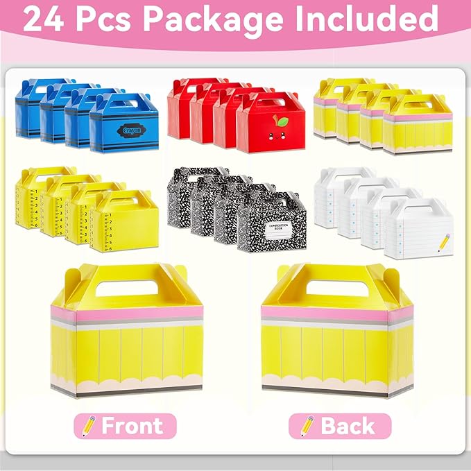 24Pcs Back to School Gift Boxes First Day of School Party Treat Boxes Pencil Crayon Apple Goodie Candy Box Teacher Appreciation Party Favor for Student Preschool Kindergarten Classroom Decorations