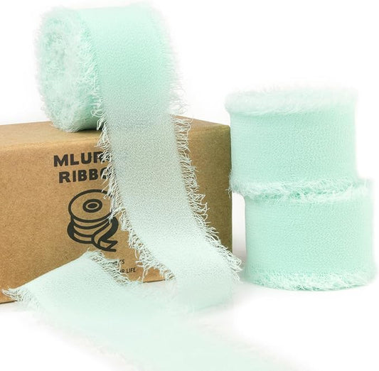 Aqua Chiffon Ribbon - 1 Inch x 21 Yards, Handmade Fringe, Silk, Boho Frayed, Dreamy Green for Gift Wrapping, Wedding Invitation, Bridal Flower Bouquets