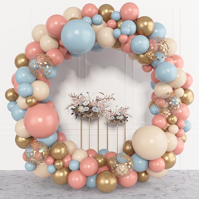 Amandir 153pcs Pink Blue Balloon Garland Arch Kit, Different Sizes 18 12 10 5 inch Dusty Pink Blue Nude Latex Metallic Confetti Gold Balloons for Gender Reveal Neutral Bear Baby Shower Decorations
