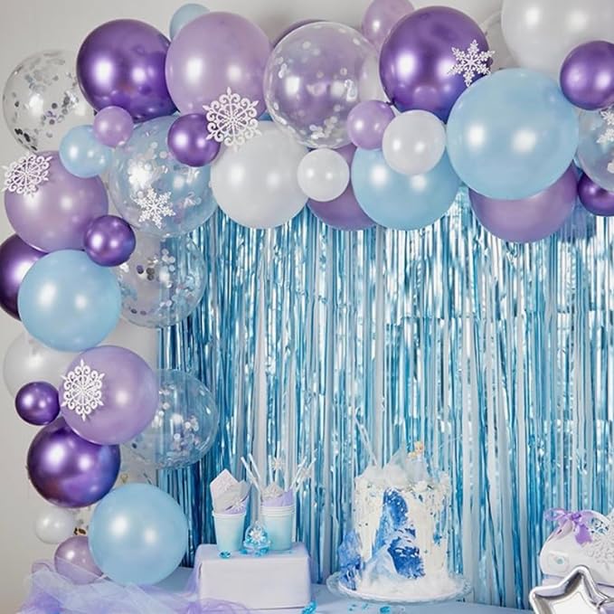 Biapian Frozen Balloons, 60 Pcs Blue Purple Balloons, 12 Inch Metallic Blue Purple Latex Balloons Silver Snowflake Confetti Balloons for Girls Frozen Snowflake Ice Snow Theme Birthday Party Decoration