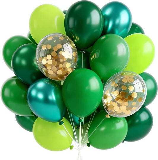 PartyWoo Green Balloons 66pcs 12 Inch Light Lime Dark Emerald Hunter Forest Metallic Green Gold Confetti Balloons for Baby Shower Wedding Engagement Jungle Woodland Birthday Party Decorations