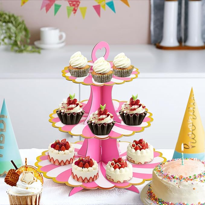 Soleebee 3-Tier Cupcake Stand, Cardboard Cupcake Tower, Dessert Cup Cake Stand Tower for Birthday Wedding Party Decoration, Cupcake Tier Stand 2 Set (Hot Pink Gold)