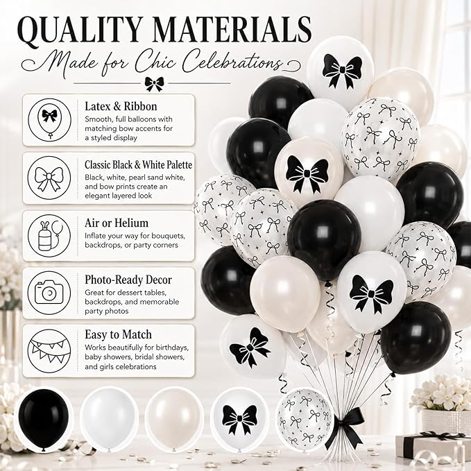 Bow Balloons, 60Pcs Black Bows Balloon, 12 Inch Latex Black and White Bow Printed Balloons with Cute Bows Ribbons for Women Girls Birthday Party Baby Shower Bridal Shower Bow Theme Party Decorations