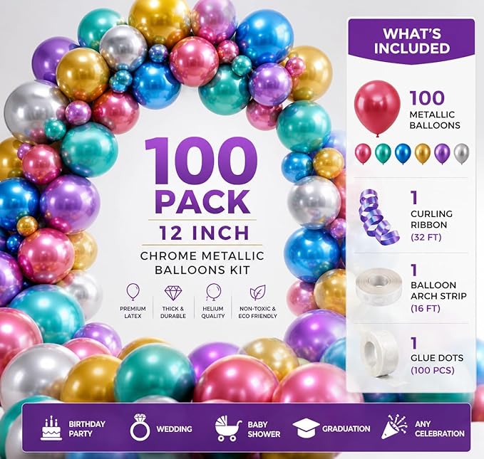 Chrome Metallic Balloons 12 Inch – 100 Pack Assorted Multicolor Latex Balloons for Balloon Arch, Birthday Party, Baby Shower, Wedding Decorations with Ribbon & Glue Dots