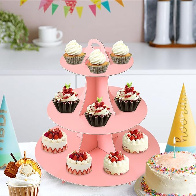 Soleebee 3-Tier Round Cupcake Stand, Cardboard Cupcake Tower, Dessert Cup Cake Stand Tower for Birthday Wedding Party Decoration, Cupcake Tier Stand 2 Set (Pink)