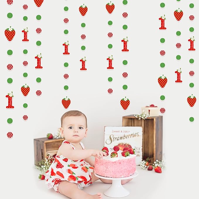 pinkblume Strawberry 1st Birthday Party Decorations Sweet Strawberry Fruit Theme Circle Dot Garland One Berry First Birthday Polka Dots Streamer for Girl Happy 1st Year Decorations Supplies