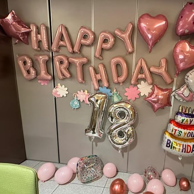 Happy Birthday Balloon Banner, 16 Inch Light Pink Mylar Foil Letter Balloons, Reusable Birthday Decorations with Pastel Pink and Silver Star Balloon, Inflatable Party Supplies for Women Girls Decor