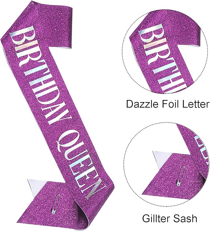 Birthday Queen Sash, Dazzle Foil Letter Glitter Purple Birthday Sash for Women Girl 21st 30th 40th 50th 60th Gifts Funny Bday Gifts Party Favors Photo Prop