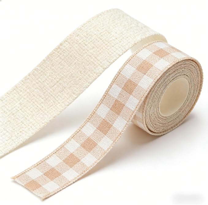 Meseey 1.5 Inch Natural Tan & Beige Buffalo Plaid Burlap Wired Ribbon, 5 Yards, Gingham Check Ribbon for Christmas Wreath, Gift Wrapping, Wedding, Home Decor