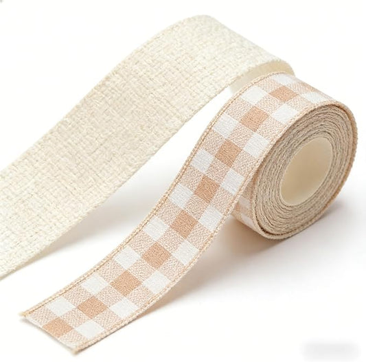 Meseey 1.5 Inch Natural Tan & Beige Buffalo Plaid Burlap Wired Ribbon, 5 Yards, Gingham Check Ribbon for Christmas Wreath, Gift Wrapping, Wedding, Home Decor