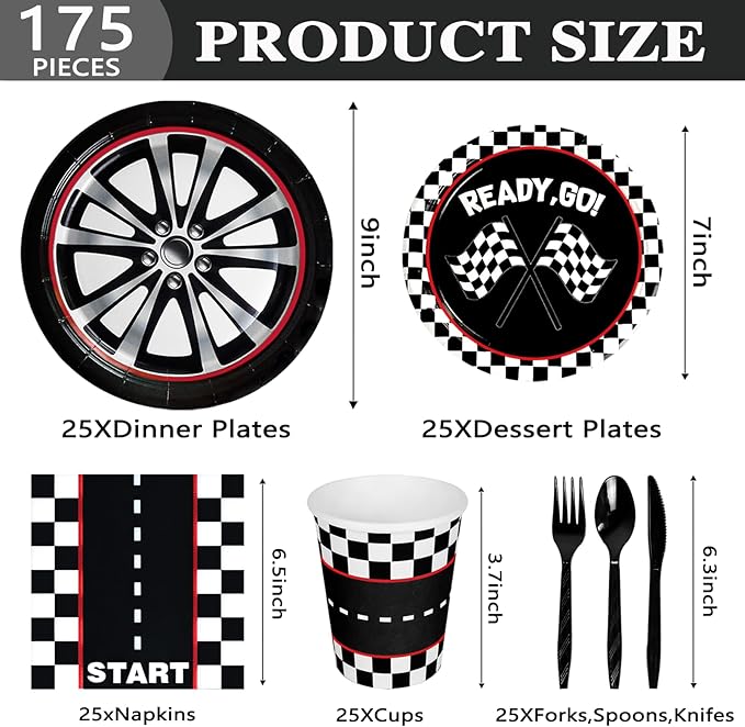 175 Pcs Race Car Birthday Party Decorations Racing Checkered Set Includes Plates, Napkins, Cups, Cutlery for Race Car Theme Birthday Decorations Serves 25