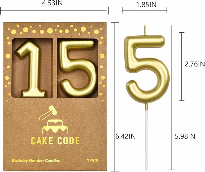 2.76 Inch Classical Gold 15 Number Birthday Candles, Gold Number Candles, Cake Number Candles, Party Celebration