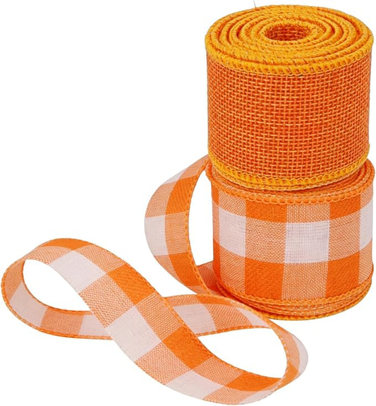 Meseey 1.5 Inch Fall Burlap Wired Ribbon Set, 2 Rolls Total 10 Yards Solid Orange & Orange White Buffalo Check Wired Edge Ribbon for Wreaths, Bows, Gift Wrapping, Thanksgiving & Halloween Decor