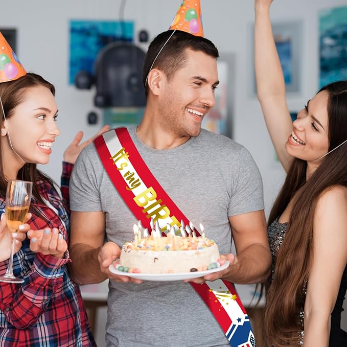 It's My Birthday Sash with Gold Foil - American Flag Birthday Sash Decorations for Girls or Boys, Women or Men, Sweet 16, 18th 21st 30th 40th or Any Happy Bday Party, USA Flag, Independence Day