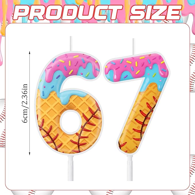 Conelist 6 7 Baseball Ice Cream Drip Birthday Number Candles Baseball Drip Cake Topper Candle Cupcake Topper Decoration for Sport Theme Happy Birthday Party Favors Anniversary Supplies (2 Pcs)