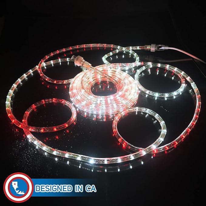 Russell Decor 60ft Red White LED Rope Lights with Patriotic Lights with 4-Level Dimmable Controller Outdoor Decorative Lighting for Christmas or Canada Theme Colors Decor