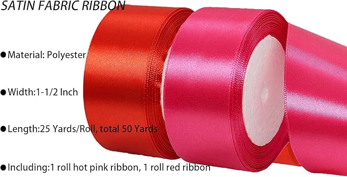 2 Rolls Red Hot Pink Ribbon, 1-1/2 Inch x 50 Yards Satin Fabric Ribbon for Flower Bouquets, Gift Wrapping, DIY Crafts, Birthday Cakes, Holiday, Wedding Party and Mother’s Day Decorations