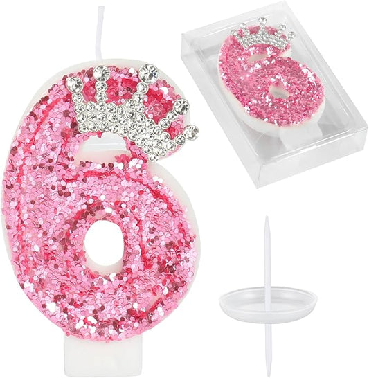 Birthday Number Candles,Pink Crown Birthday Candles for Cake,Glitter Number 6 Candle Cake Topper with Sequins for Girls,Women, Anniversary Celebrations Supplies (Pink 6)
