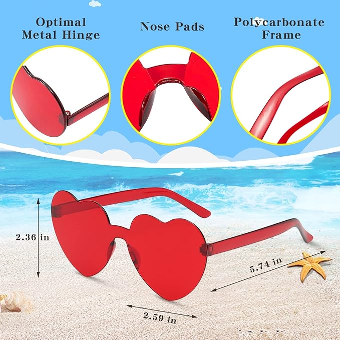 20 Pack Heart Sunglasses for Women Candy Transparent Rimless Bulk Heart Shaped Glasses for Bachelorette Party Favors