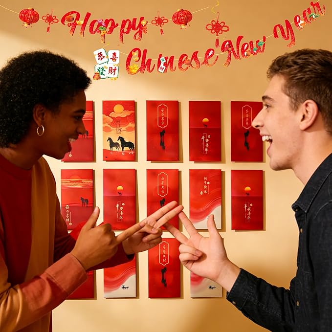 81 Pcs Chinese New Year Red Envelopes Set, Horse-Year Hong Bao Red Packets Party Banners Swirls Selfie Photo Booth Props for Festival Gifts, Chinese Decors Party Favors for Bithday Home Office