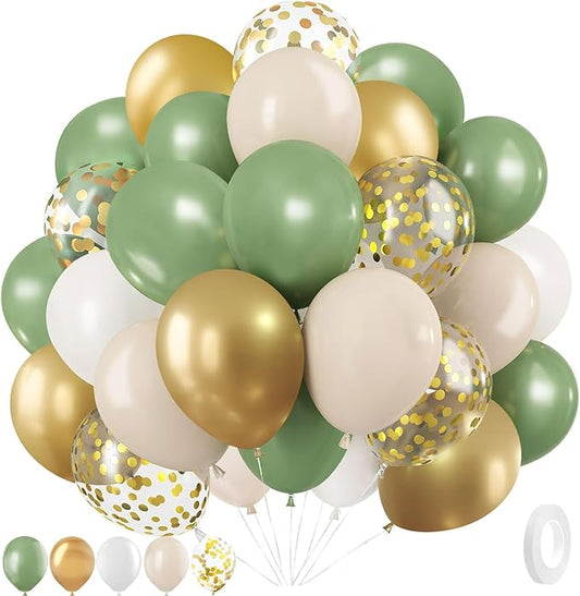 Sage Green Gold White Party Balloons,12 Inch 35pcs Sage Green and Gold Confetti Party Balloons for Wedding Baby Shower Birthday Party Decorations