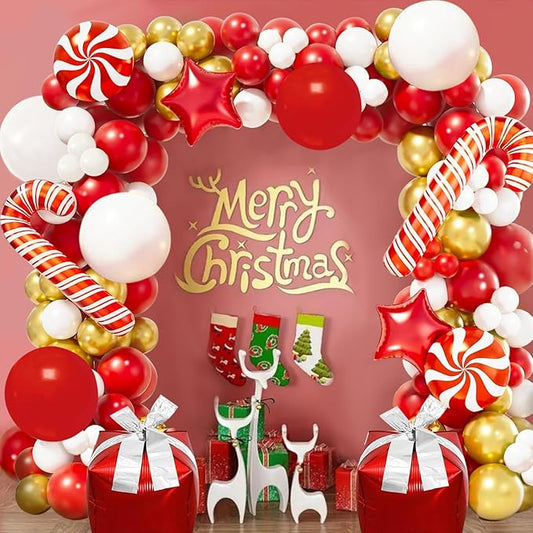 Merry Christmas Balloon Arch Kit, Red White Gold Balloons with Red Gift Box & Candy Cane & Star Foil Balloons for Xmas New Year Party Christmas Party Decorations