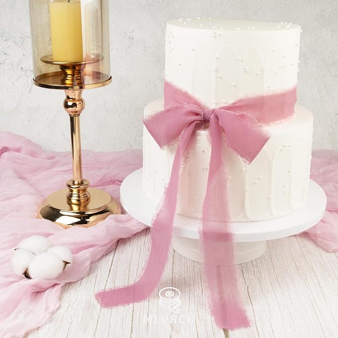 Pink Chiffon Ribbon 1.5 Inch x 3Yds Pastel Pink/Peach/Cream/Blushing Rose/Dusty Rose/Rosy Mauve Handmade Fringe Chiffon Silk Ribbon for Wedding Invitation Flower Bouquets Gift Wrapping Bridal Shower