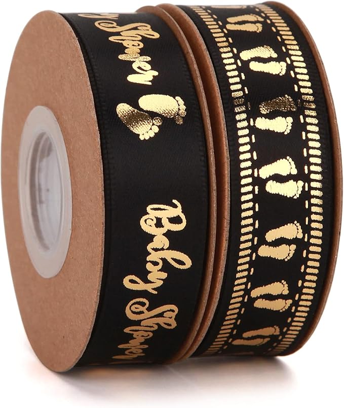 Meseey 20 Yards Baby Ribbon Foot Print Black and Gold Ribbons for Crafts Cake Baby Shower Birthday,Gift Wrapping, Party Decoration (Black)