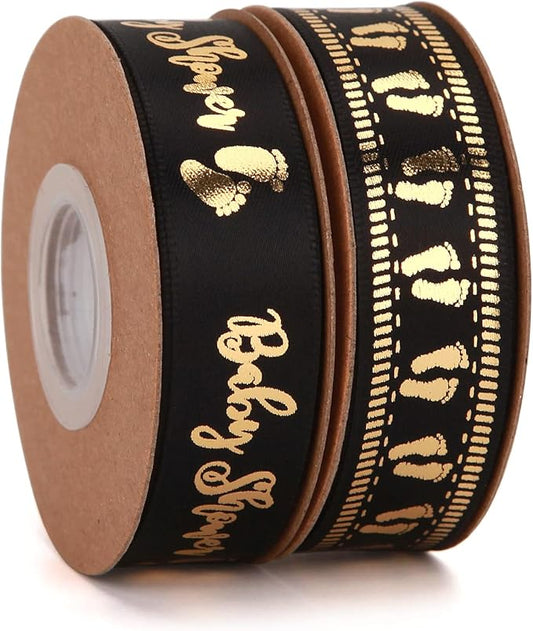 Meseey 20 Yards Baby Ribbon Foot Print Black and Gold Ribbons for Crafts Cake Baby Shower Birthday,Gift Wrapping, Party Decoration (Black)