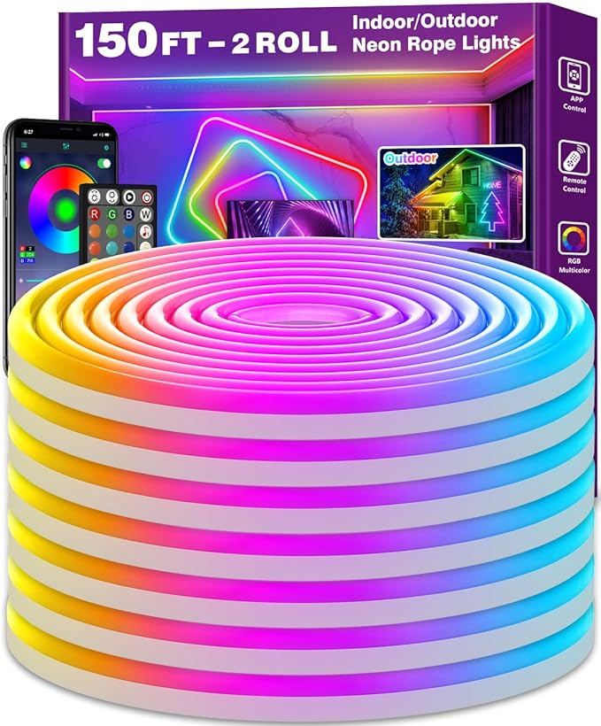 AILBTON 150Ft Neon Rope Lights,Flexible Led Rope Lights Control with App/Remote,Multiple Modes Music Sync Gaming RGB Led Neon Lights for Bedroom Outdoor