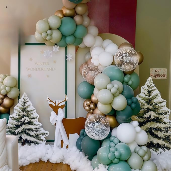 Winter Wonderland Balloon, Dark Sage Green Pastel Green White Metallic Gold Xmas Latex Balloons with Snowflake Foil Balloon for Christmas Winter Onederland Forest Birthday Baby Shower Decorations