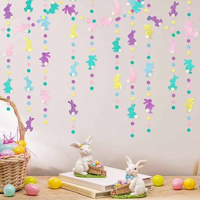 pinkblume Easter Party Decorations Pastel Easter Bunny Circle Dot Garland Streamer Hanging Felt Polka Dots Rabbit Easter Banner for Happy Easter Day Spring Birthday Tea Party Home Decorations Supplies