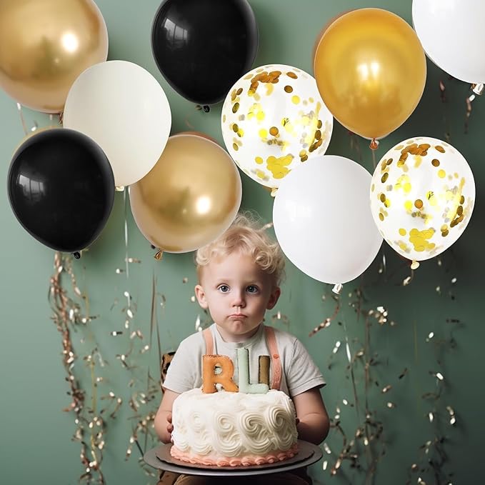 Dagelar Black Gold Beige Balloons, 60PCS Black Gold White Sand Balloons Party Balloon with Metallic Gold Confetti Party Balloon for Graduation, Weddings, Birthday, New Year Decorations