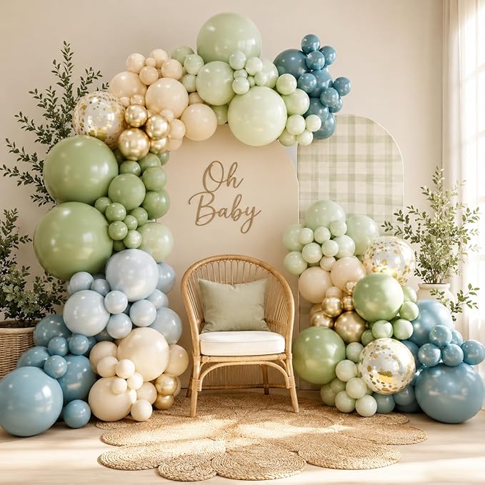 Jobkoo 122Pcs Dusty Blue Sage Green Balloon Garland Kit, Dino Green Slate Blue Beige Metallic Gold Confetti Balloon Arch Kit for Boho Birthday Woodland Safari Baby Shower Party Decorations