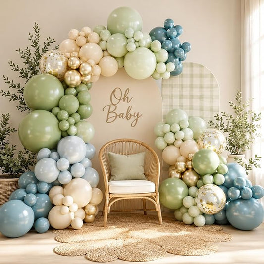 Jobkoo 122Pcs Dusty Blue Sage Green Balloon Garland Kit, Dino Green Slate Blue Beige Metallic Gold Confetti Balloon Arch Kit for Boho Birthday Woodland Safari Baby Shower Party Decorations