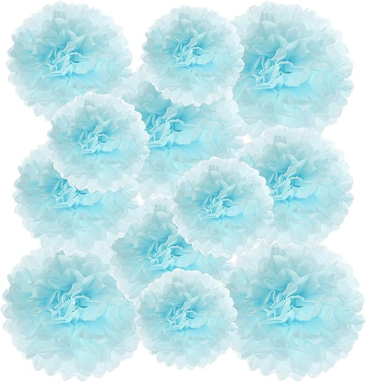 PATIKIL 8" 10" 12" Tissue Paper Pom Poms, 12PCS Pom Poms Paper Flowers Ball Tissue Paper Flowers Assorted Size for Wedding Bridal Shower Birthday Party Backdrop Decoration, Light Blue