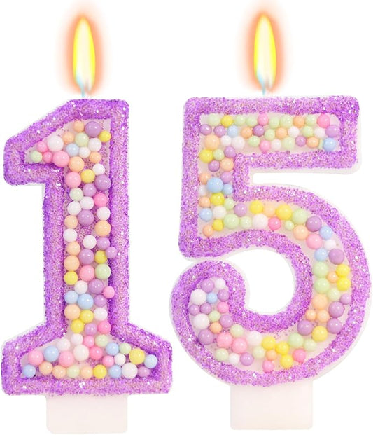 Purple Birthday Candles - Number 15 Candle, Colorful Macaron Candles, 15 Birthday Decorations for Girls, Purple Cake Decorations, Theme Party Supplies