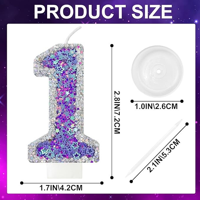 K-pop Number 1 Birthday Candle, Star Glitter Filled Number Candle, Purple Silver Fantasy Cake Topper for Birthday Party Decoration