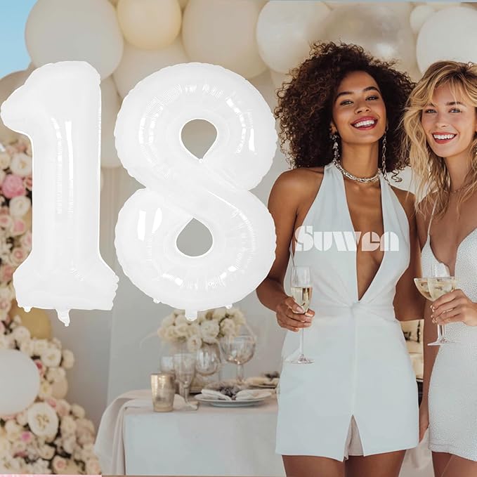 SUWEN 40 Inch White Large 18 Number Balloons Big Foil Helium Number Balloons 0-9 Giant Jumbo Happy 18th Birthday Party Decorations for Boy or Girl Huge Mylar 81 Anniversary Party Supplies