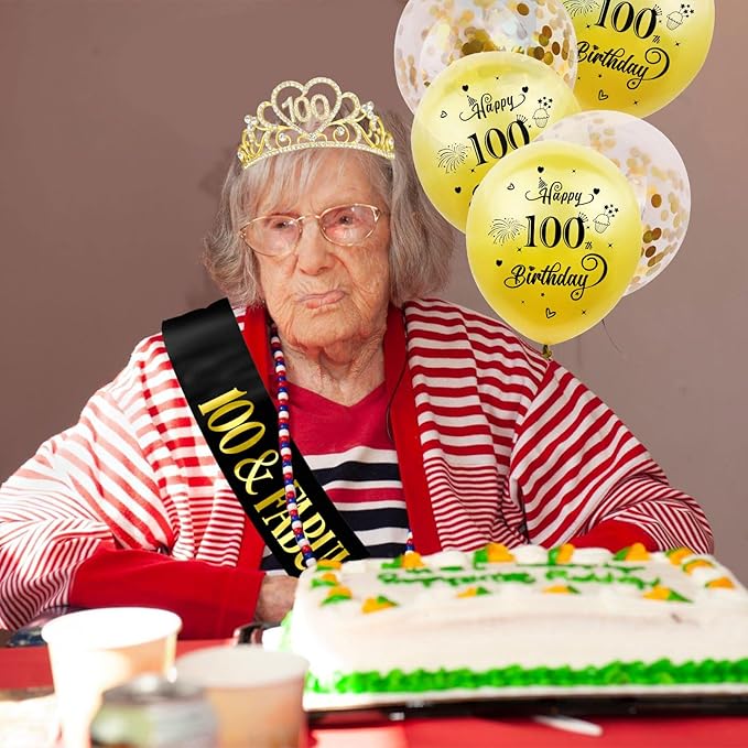 100th Birthday Tiara and Sash Kit - '100 & FABULOUS' Black Sashes and Gold Rhinestone Birthday Crown for Women