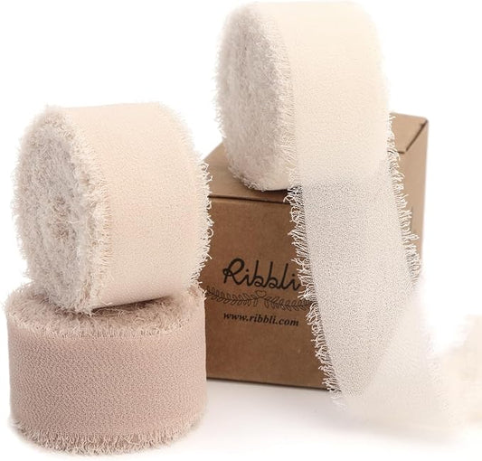 Ribbli Nude Ribbon 1 Inch x 3 Rolls Total 24 Yards Cream/Nude/Beige Handmade Fringe Chiffon Silk Ribbon for Wrapping Wedding Invitations Bridal Bouquets DIY Crafts Home Decor