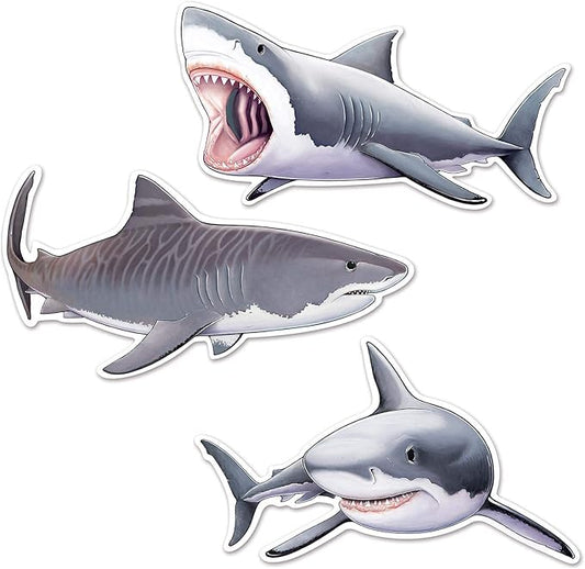 Beistle Shark Cutouts – 3 Pack, Double-Sided Ocean Marine Animal Decorations for Undersea Birthday Parties, Classroom Bulletin Boards, Aquariums, Summer Events, and Shark Week Celebrations, 22½”–24¼”