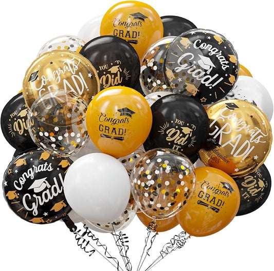 GuassLee Graduation Black and Gold Balloons 2026 - Grad Latex Confetti Balloons with Congrats Grad Foil Balloons for Graduation Party Decorations Supplies, 60Pcs