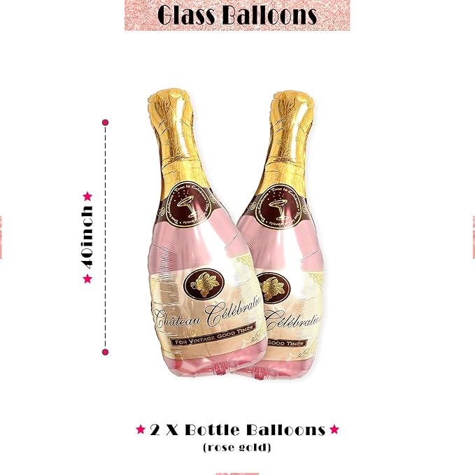 Bachelorette Party Balloons Set – 2 Champagne Bottles, 2 Champagne Glasses & 4 Diamond Ring Balloons – Engagement, Bridal Shower, Hen Party Decorations (2 Pac)