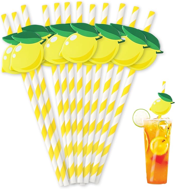 Lemonade Stand Paper Straws - 100PCS Fresh Lemonade Party Decorations Supplies, Lemon Drink Cocktail Striped Straw for Drinks, Birthday Decor for Summer Disposable (Yellow)