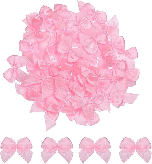 MECCANIXITY 50Pcs Mini Ribbon Bow 1" Mini Fabric Satin Ribbon Flower Bows for Craft DIY Sewing Wedding Birthday Party Pink