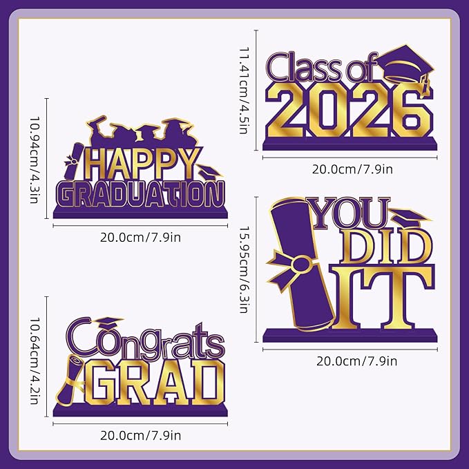 4Pcs Purple and Gold Graduation Decorations 2026 Congrats Grad Wooden Table Centerpieces Class of 2026 Table Sign Decorations for Graduation Centerpieces